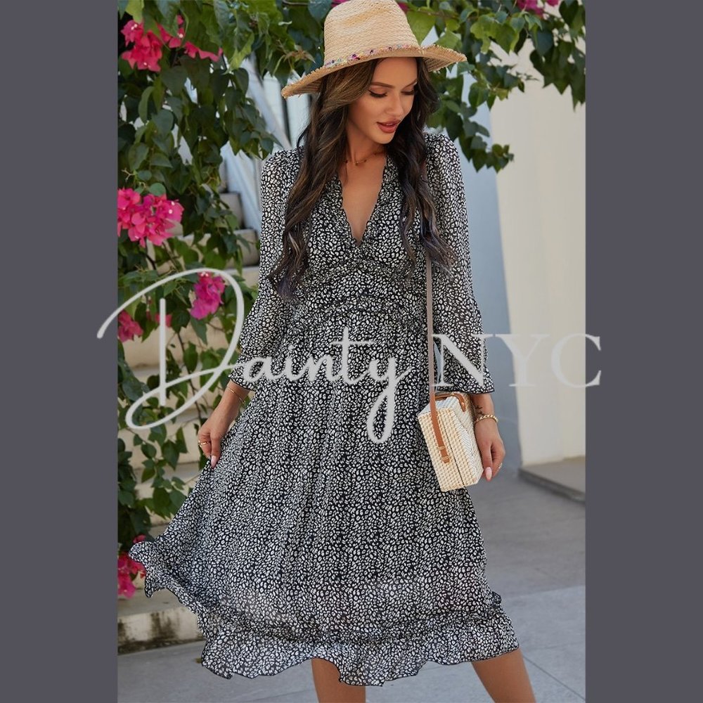 Boho Confetti Ruffle V Neck Bubble Sleeve Dress - Picture 5 of 10